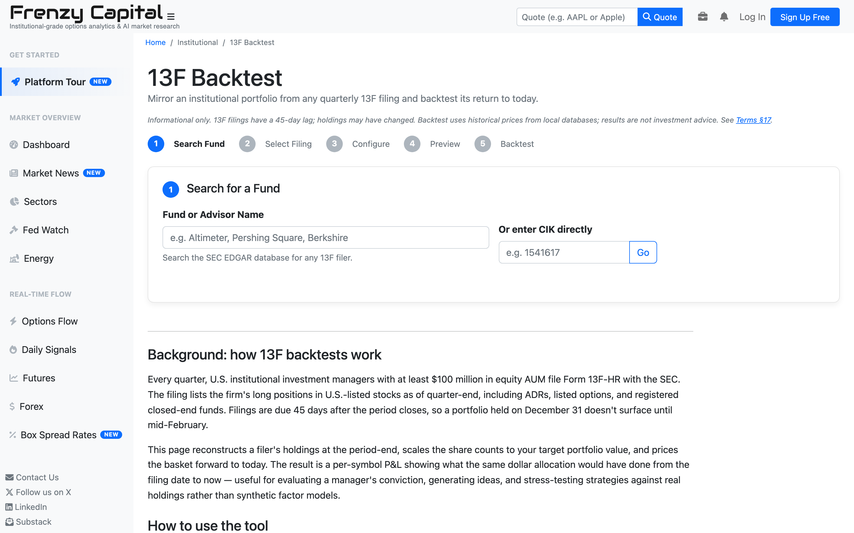 13F Backtest wizard showing a five-step flow — Search Fund, Select Filing, Configure, Preview, Backtest — with a fund-name or SEC CIK search and explanatory background on how 13F backtests work