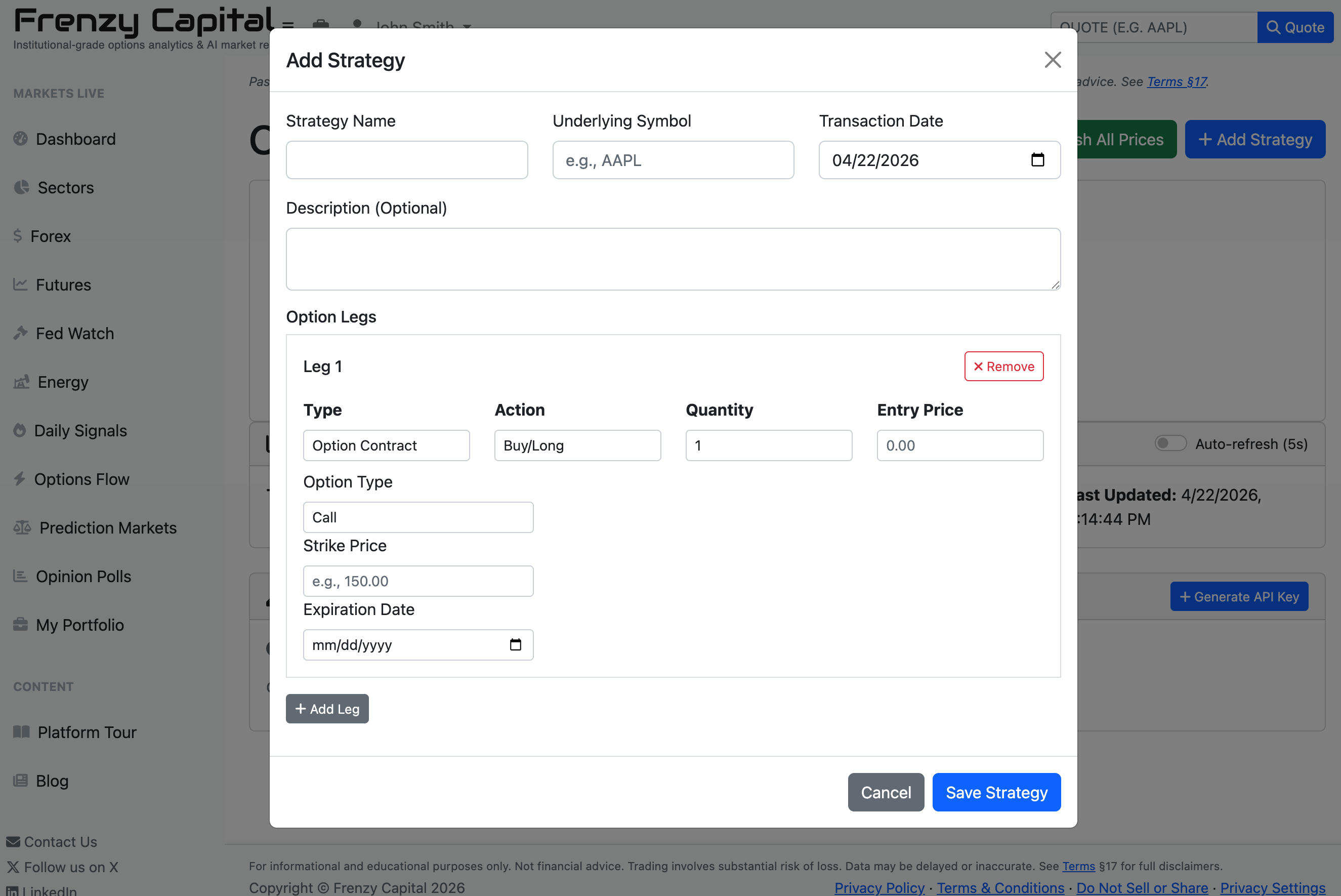 Add Strategy modal on the portfolio tracker with fields for strategy name, underlying symbol, transaction date, description, and a dynamic Option Legs builder showing type, action, quantity, entry price, option type, strike price, and expiration date