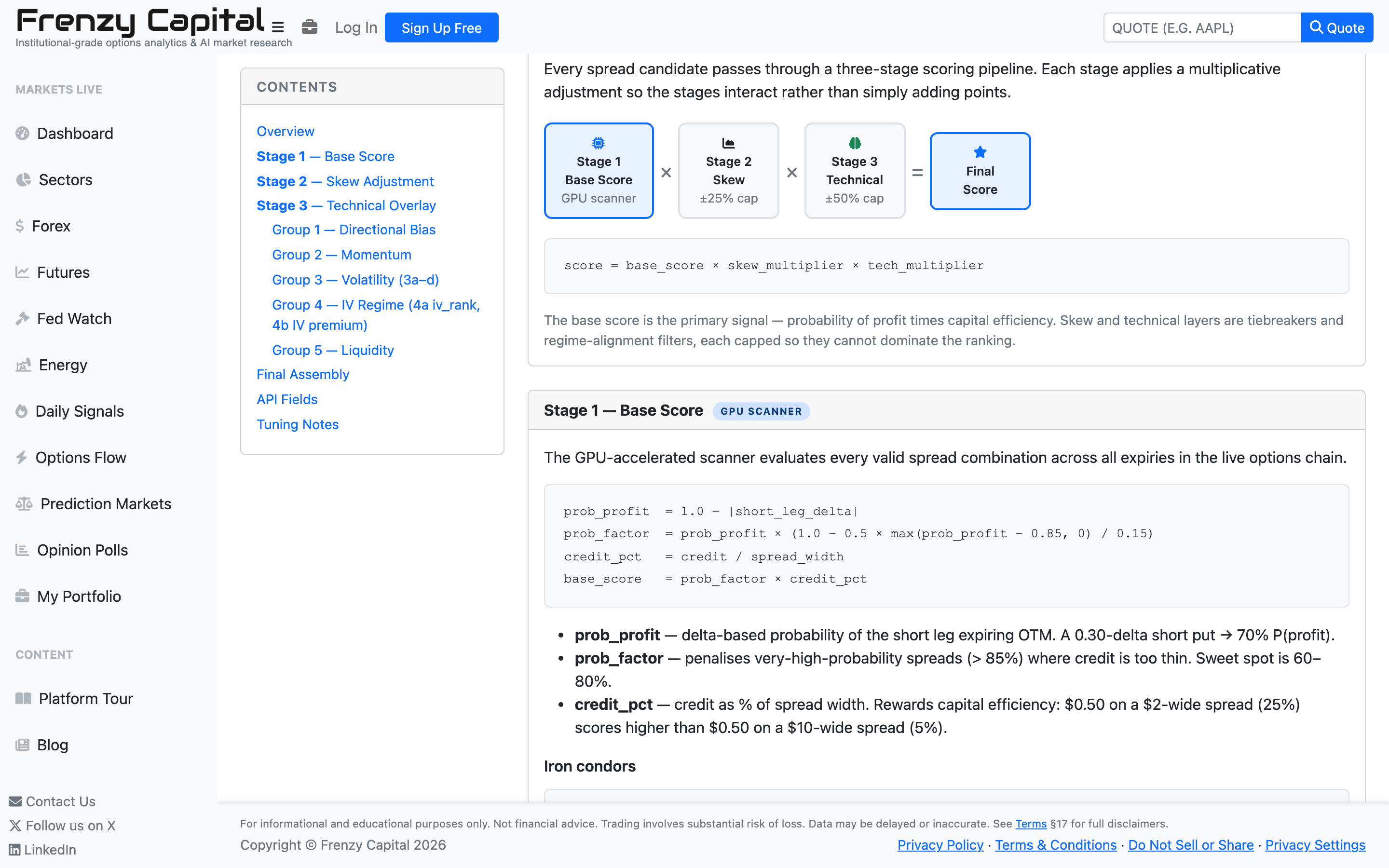 Spread scoring algorithm documentation page showing the three-stage pipeline diagram — Base Score multiplied by Skew Multiplier multiplied by Technical Multiplier equals Final Score — and the Stage 1 base-score formula